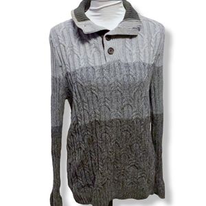 Vintage gray striped ombre cable knit sweater quarter pullover collar 100%cotton